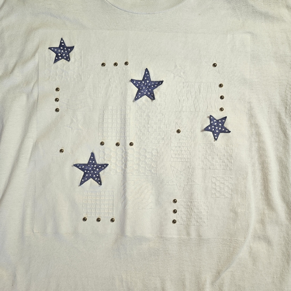 Vintage White Tee With Blue‎ Stars And Rivets P.G.B. Brand Size Medium